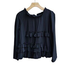 Odeeh Black 100% Silk with Ruffle Detail, Artsy Long Sleeve Blouse, Size Small